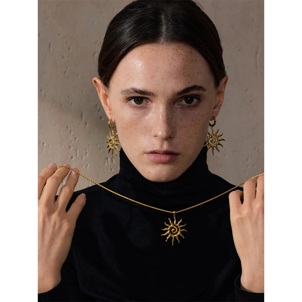 New Popular Stainless Steel Sun Drop Necklace Hoop Earrings for Women Tarnish Resistant Charm Jewelry Set Accessories Gift