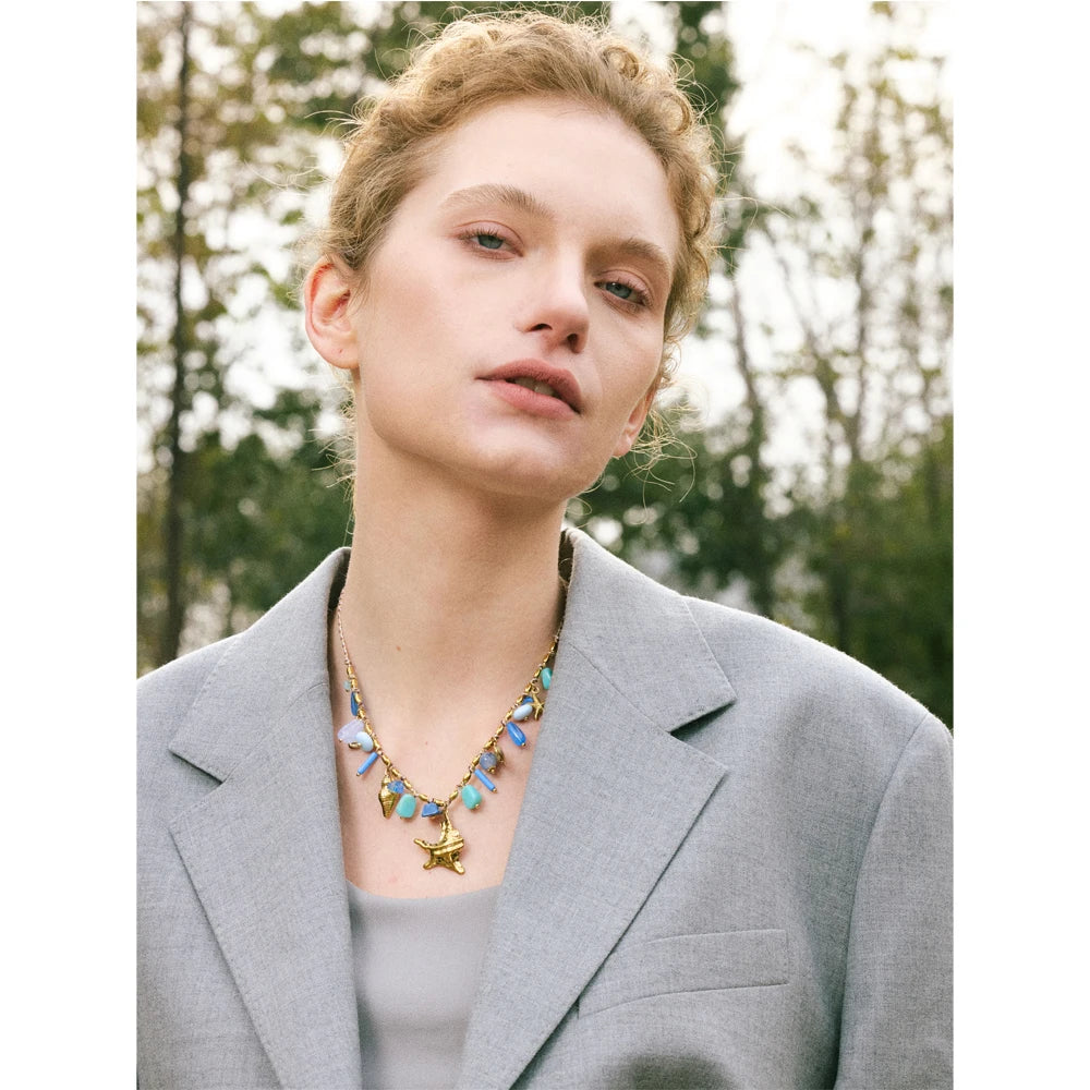 Ocean Style Handmade Jewelry Exquisite Blue Resin Metal Starfish Shell Drop Collar Necklace Stainless Steel Accessories