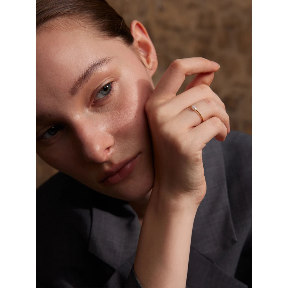 Trendy Stainless Steel Natural Pearl Thin Finger Ring for Women Summer Versatile Daily Jewelry Accessories Gift