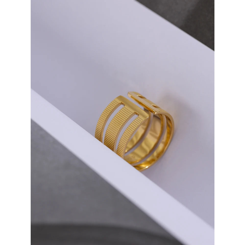 Statement Stainless Steel Geometric Opening Ring Minimalist Gold Color 18 K Plated Metal Engagement for Women Party Gift