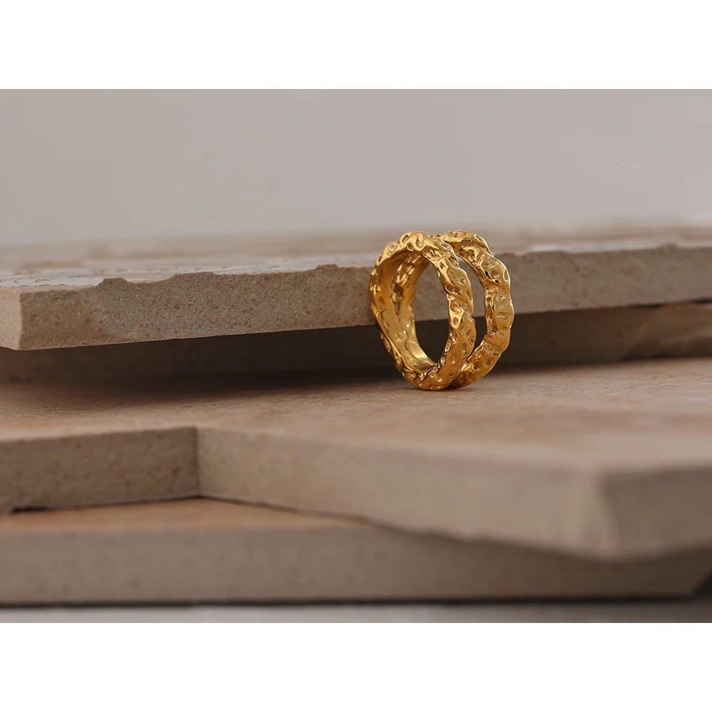 Stainless Steel Round Rings For Women Gold Texture Metal 18 K Plated Statement Trendy Jewelry Bagues Pour Femme Gift