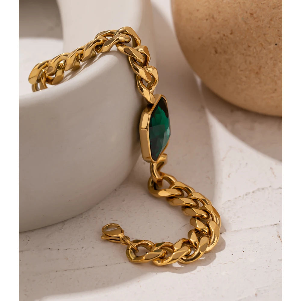 Green Crystal Stainless Steel Gold Bracelets Bangle for Women Hip Hop Thick Chain18 K Plated Punk Fashion Bracelets New