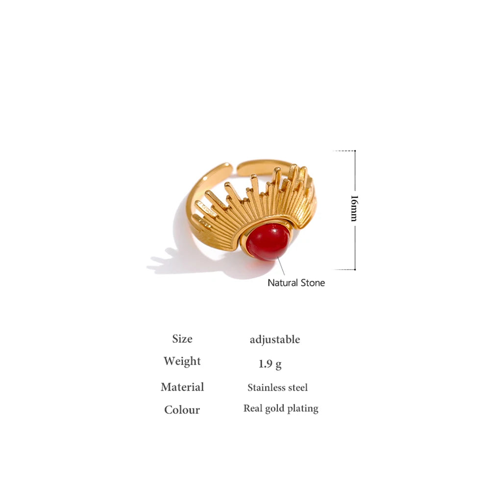 Stainless Steel Red Natural Stone Ring Trendy Metal 18 K Opening Finger French Ring for Women Anillos Mujer Party Gift