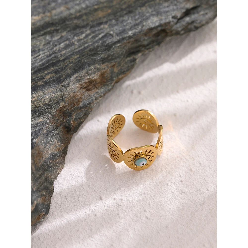 Stainless Steel Eye Bead Opening Ring for Women New Design Golden Statement Charm Jewelry Anillos Mujer Bijoux Femme Gift