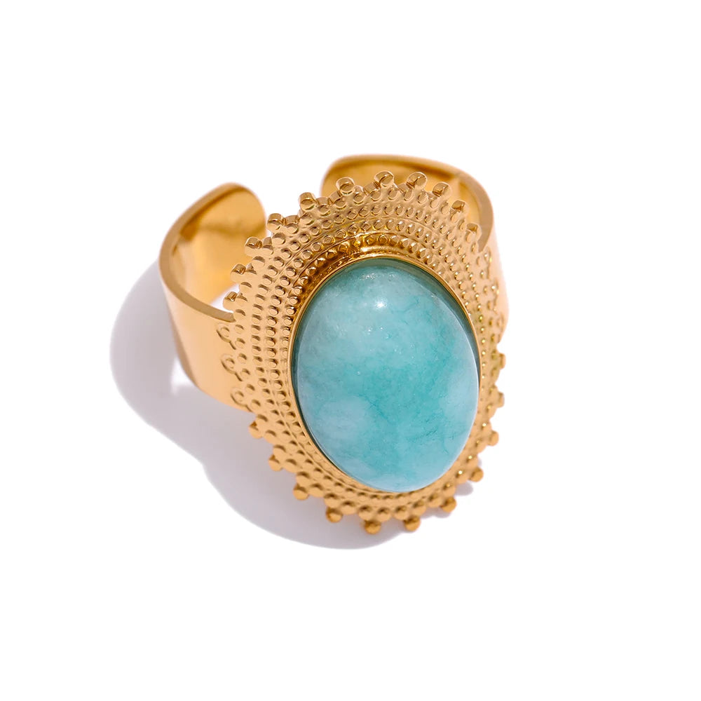 Stainless Steel Stone Rings Charm Metal Statement Jewelry Gold Color Geometric Opening Women Bagues Pour Femme Waterproof