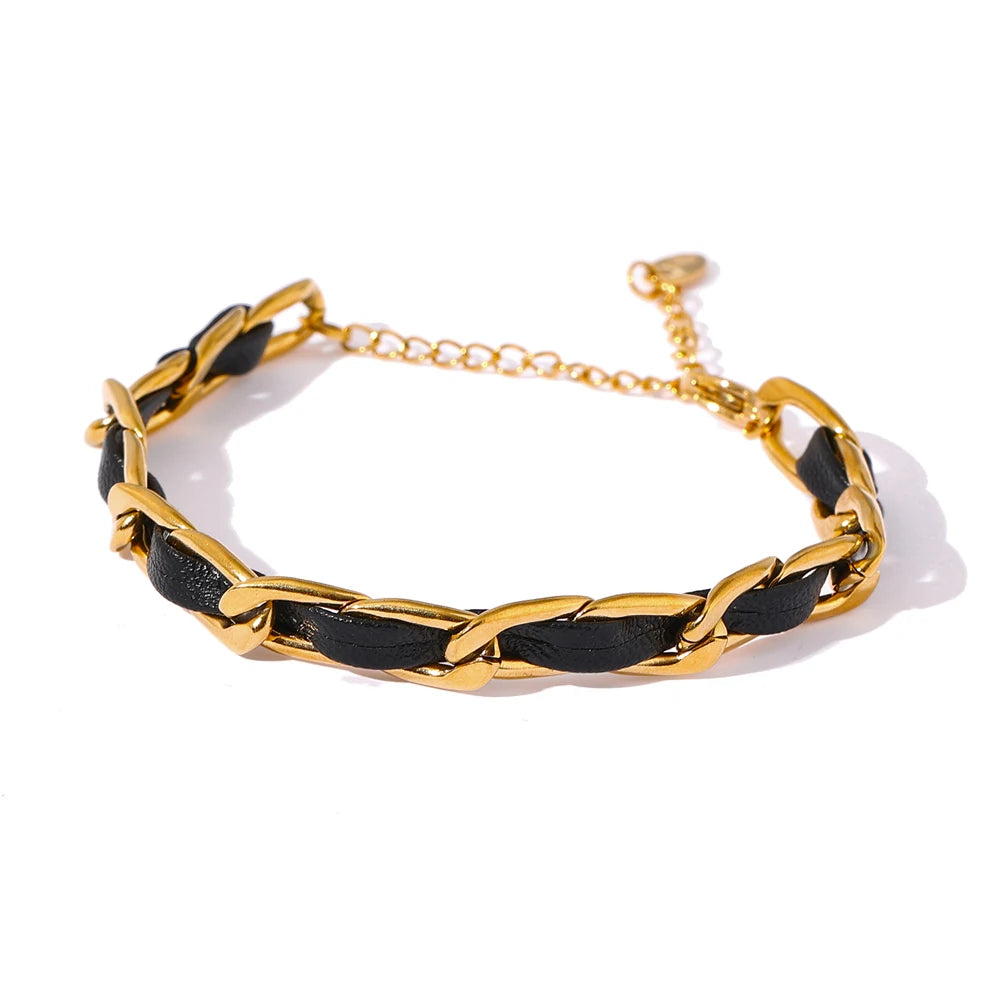 Trendy Leather Chain Bracelet Jewelry Stainless Steel Metal Texture 18 K Statement