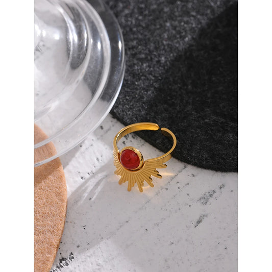 Stainless Steel Red Natural Stone Ring Trendy Metal 18 K Opening Finger French Ring for Women Anillos Mujer Party Gift