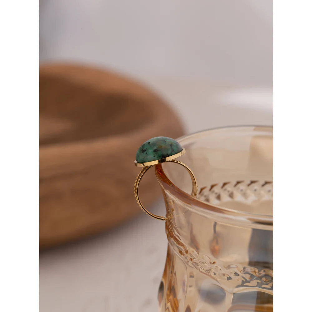 Temperament Green Natural Stone Opening Rings for Women Stainless Steel Punk Jewelry Statement Metal Ring Anillos Mujer