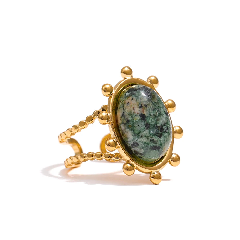 Stainless Steel Green Natural Turquoise Opening Ring Statement Golden 18 K Plated Ring bague acier inoxydable Gift New