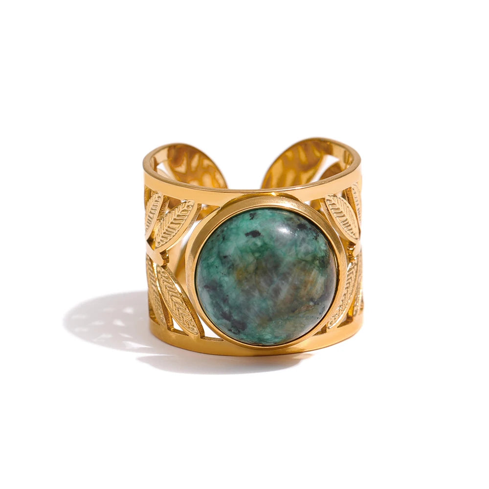Stainless Steel Green Natural Turquoise Opening Ring Statement Golden 18 K Plated Ring bague acier inoxydable Gift New
