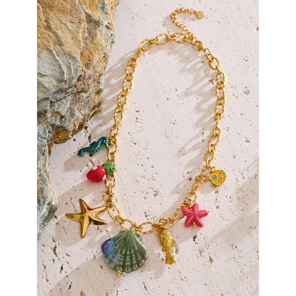 2025 Ocean Style Summer Enamel Ceramic Shell Starfish Pendant Necklace Fashion Trendy Stainless Steel Vacation Jewelry