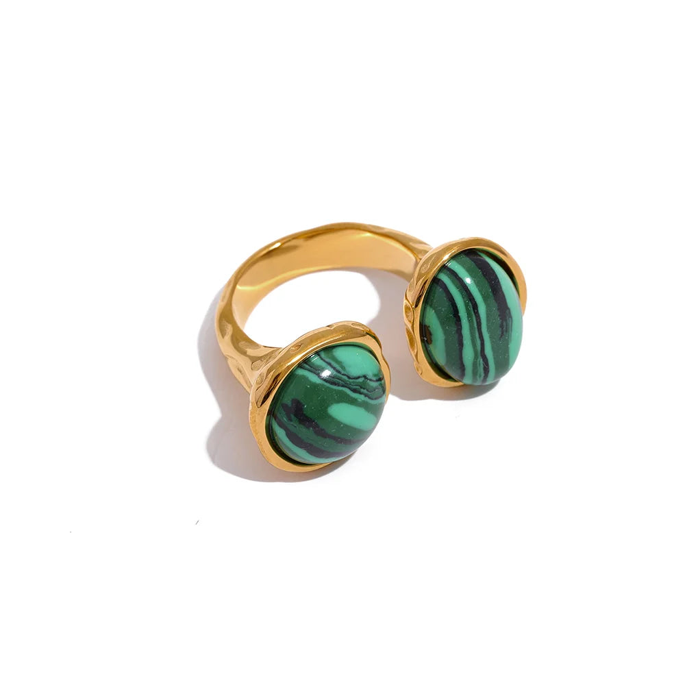 Size 7 Vintage France Natural Stone Stainless Steel Cast Geometric Big Ring Women Fashion Charm Golden Personality Jewelry