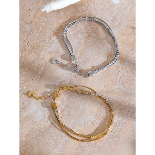 Stainless Steel Shiny Cubic Zirconia Layered Chain Stacking Bracelet Bangle Waterproof Women High Quality Fashion Jewelry