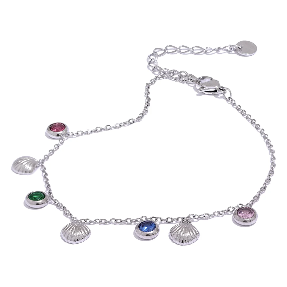 Colorful Shiny Cubic Zirconia Shell Stainless Steel Summer Anklet Fashion Trendy Foot Chain Jewelry for Women Bijoux Femme