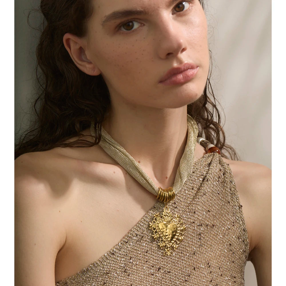 New Style Polyester Cloth Chain Heart Pendant Necklace for Women Stainless Steel Fashion Jewelry Autumn and Winter 2025