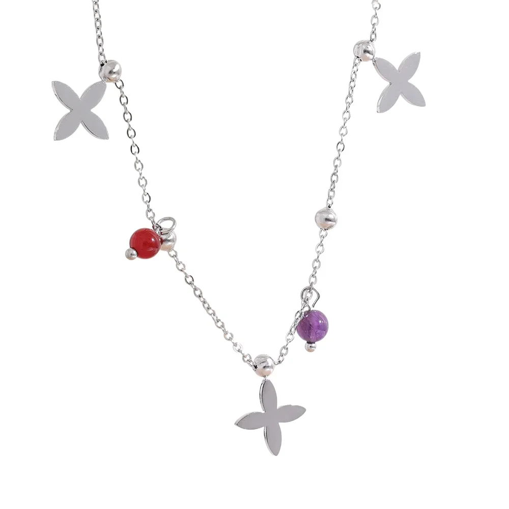 Colorful Waterproof Natural Stone Flower Drop Stainless Steel Chain Aesthetic Necklace Fashion Collar Jewelry for Women