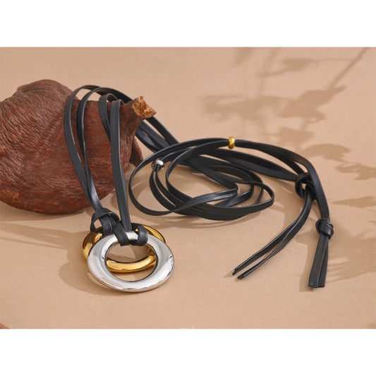 Long PU Leather Stainless Steel Round Pendant Fashion Bib Necklace Minimalist Tarnish Free for Women Stylish Trend Jewelry