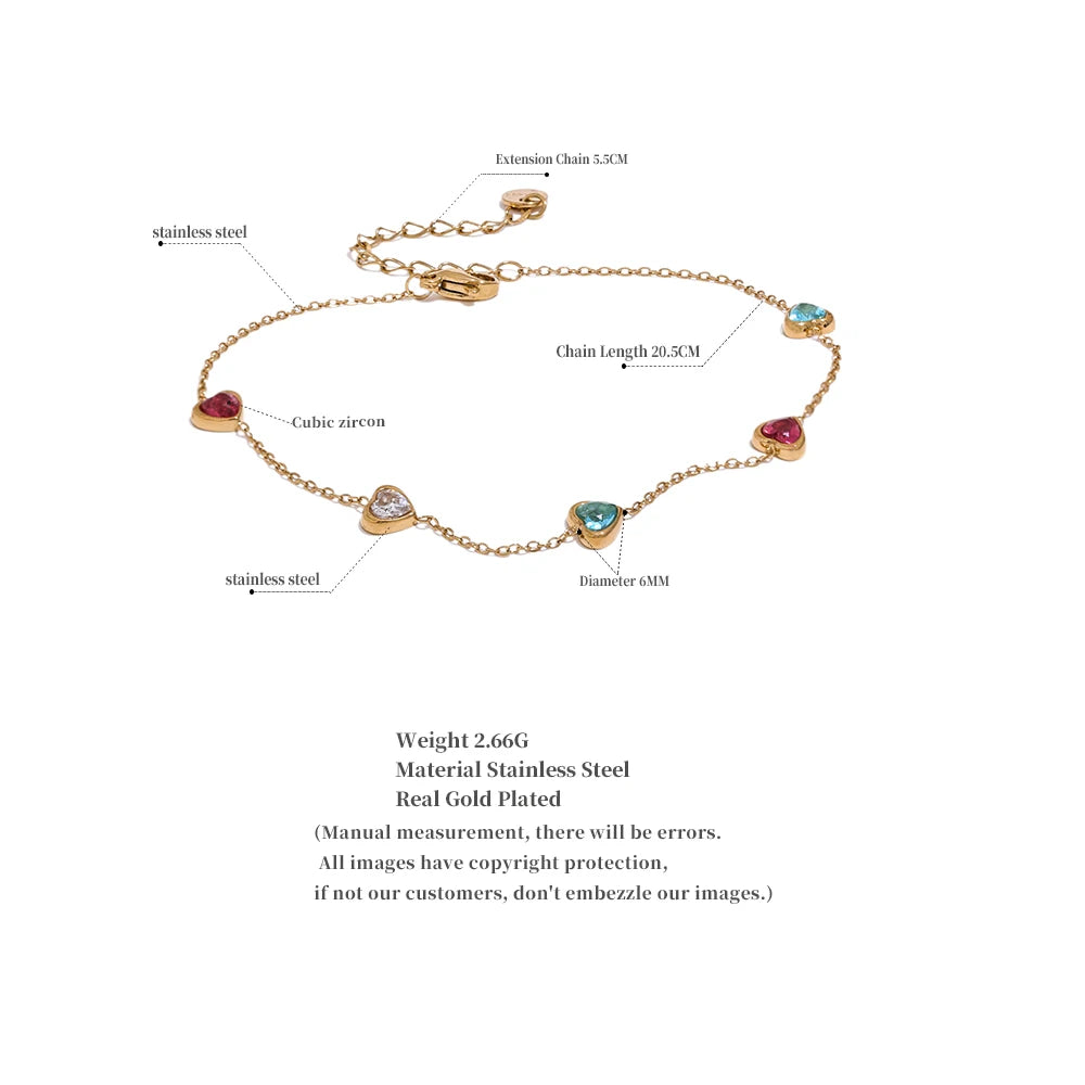 Colorful White Heart Cubic Zirconia Chain Stainless Steel Trendy Anklet for Women Fashion Delicate Summer Jewelry New