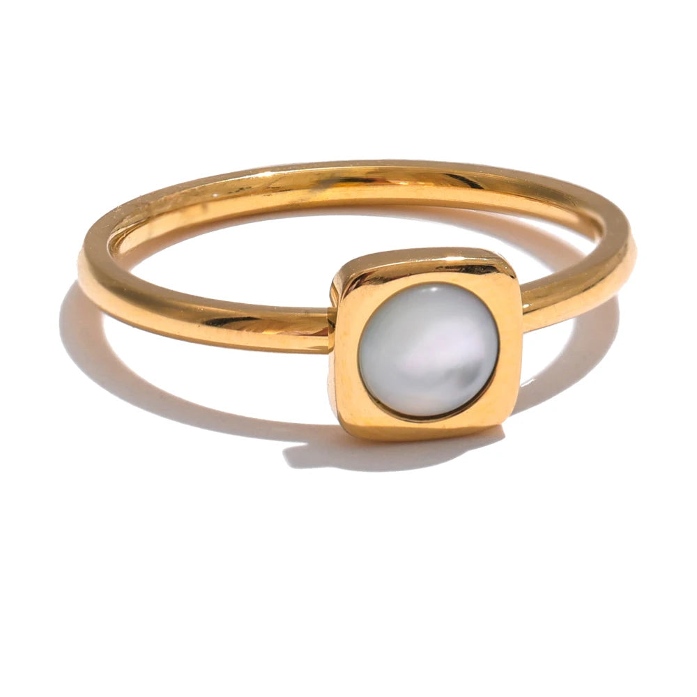 Natural Shell Square Thin Fashion Ring 316L Stainless Steel Gold Color Charm Chic Jewelry 18K PVD Plated Waterproof