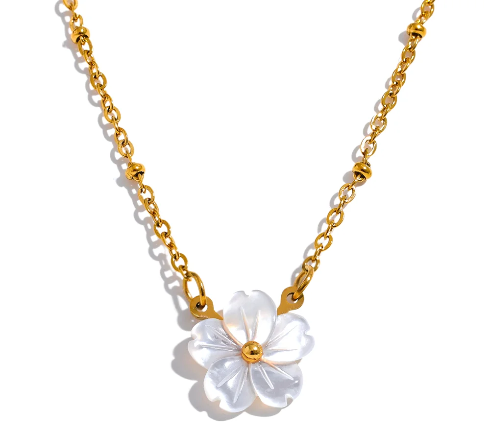Chic Fashion Natural Shell Flower Pendant Necklace Gift Stainless Steel Exquisite Chain Gold Color Premium Jewelry Bijoux