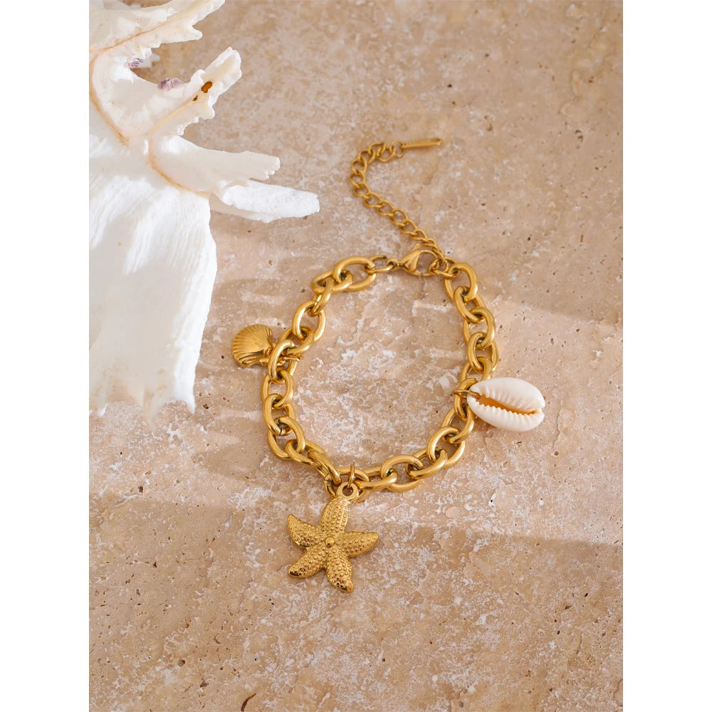 Stainless Steel 18K Gold PVD Plated Metal Chain Waterproof Ocean Pendant Charm Starfish Shell Accessories Holiday Jewelry
