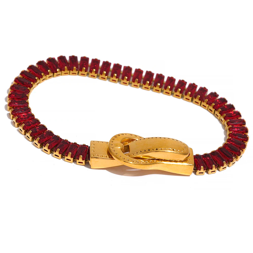 Luxury Colorful Cubic Zirconia Stainless Steel Belt Buckle Bracelet Bangle Bling Stylish Unique Waterproof Fashion Jewelry