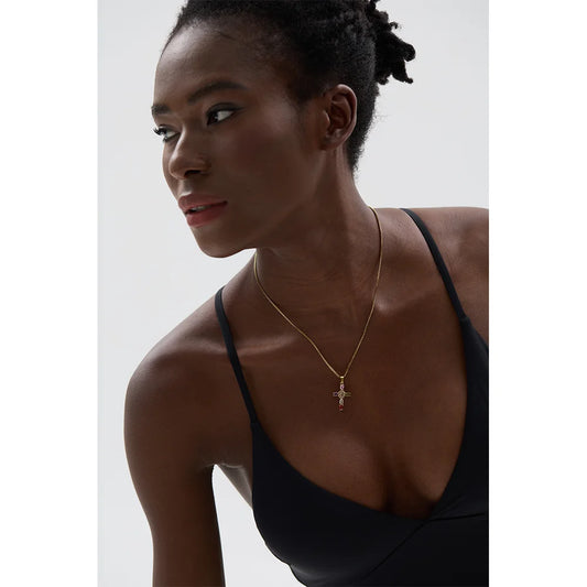 Delicate Colorful Bling Cubic Zirconia Cross Pendant Stainless Steel Luxury Necklace High-Grade Fashion Shiny Jewelry Gift