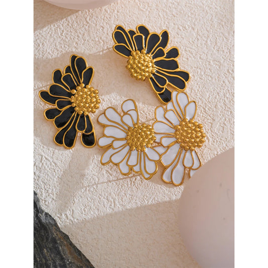 Big White Black Enamel Flower Statement Fashion Stud Earrings 18K Gold Color PVD Plated Stainless Steel Jewelry Gift