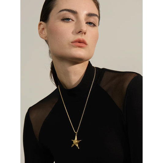 316L Stainless Steel Starfish Pendant Necklace Rust Proof Statement 18K Gold PVD Plated Individualistic Holiday Jewelry