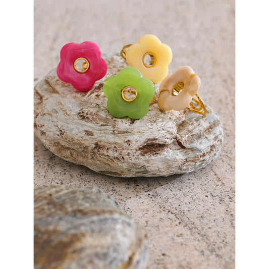 Pink Green Yellow Grey Thick Resin Flower Adjustable Ring 18K Golden Plated Stainless Steel Y2K Arrivals Popular Jewelry