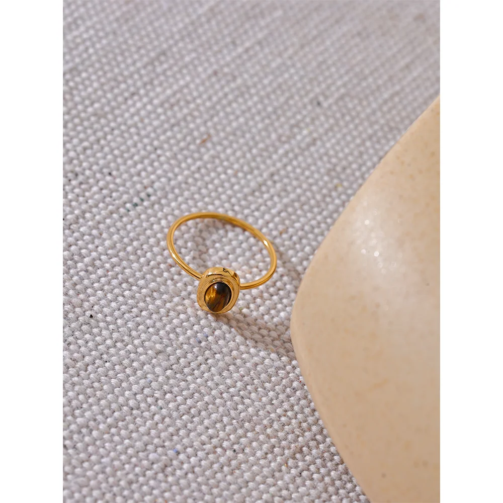 Fashion Natural Stone Stainless Steel Oval Thin Chic Ring Women 18K PVD Plated Waterproof Jewelry Accessories Gift