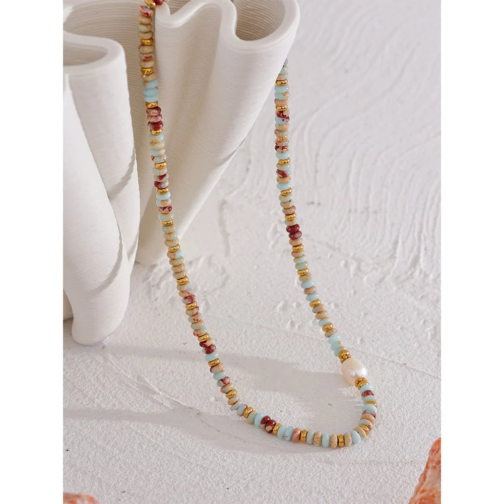 Trendy Natural Stone Freshwater Pearl Collar Chain Necklace Stainless Steel Handmade Stylish Beads Jewelry Bijoux Gift