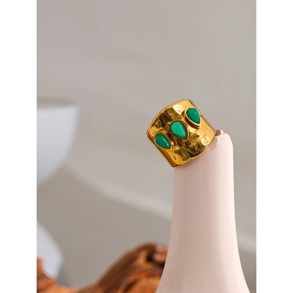 Green Natural Stone Stainless Steel 18k Gold Plated Metal Fashion Wide Ring Charm Texture Waterproof Jewelry for Women
