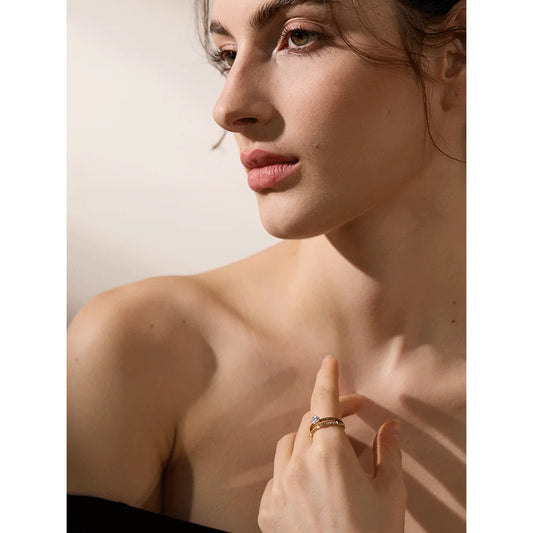 Delicate Shiny Cubic Zirconia Stainless Steel Double Layer Classic Ring High Quality Women Gift Exquisite Romantic Jewelry