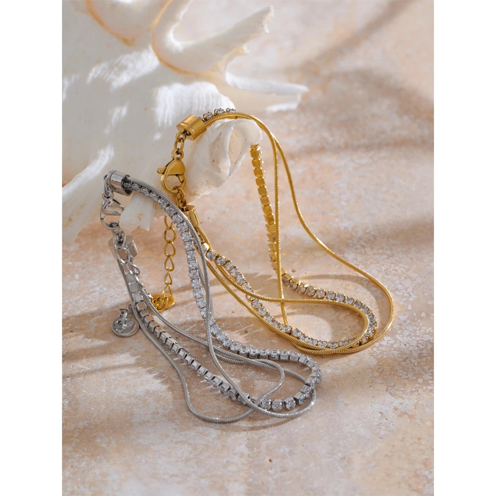 Stainless Steel Shiny Cubic Zirconia Layered Chain Stacking Bracelet Bangle Waterproof Women High Quality Fashion Jewelry