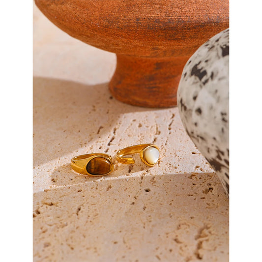 7# Stainless Steel Casting Open Ring Natural Tiger Shell Stone Fritillary Inlaid Trendy Charm Jewelry for Women New