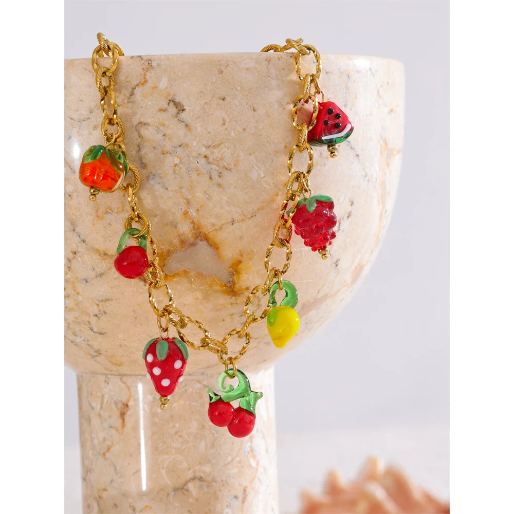 Sweet Spring Summer Colored Glaze Fruit Charm Pendant Necklace Gold Color Stainless Steel Trendy Jewelry for Girls Ladies