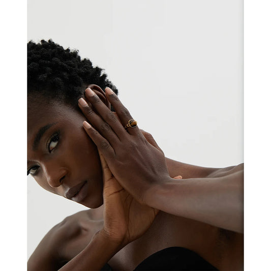 Stainless Steel Natural Stone Open Tiger Ring  for Women Vintage 18K Gold PVD Plated Finger Trendy Jewelry кольца