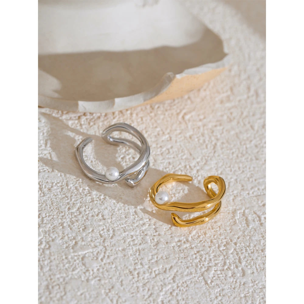 Stylish Unique Stainless Steel Pearls Geometric Open Chic Ring for Women High Quality Jewelry Bijoux
