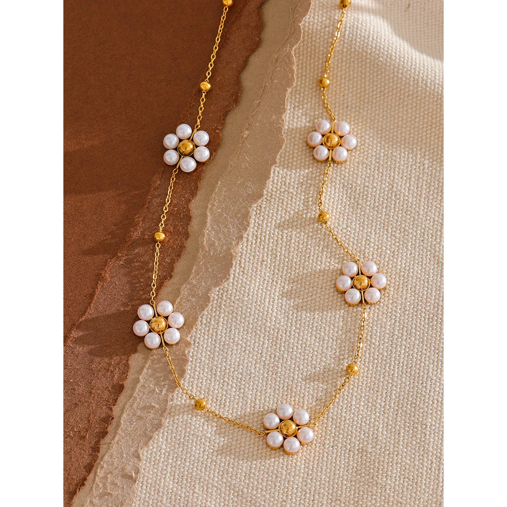 Fashion Imitation Pearls Handmade Flower Beads Chain Necklace Women 18K Gold Color PVD Stainless Steel Jewelry Waterproof