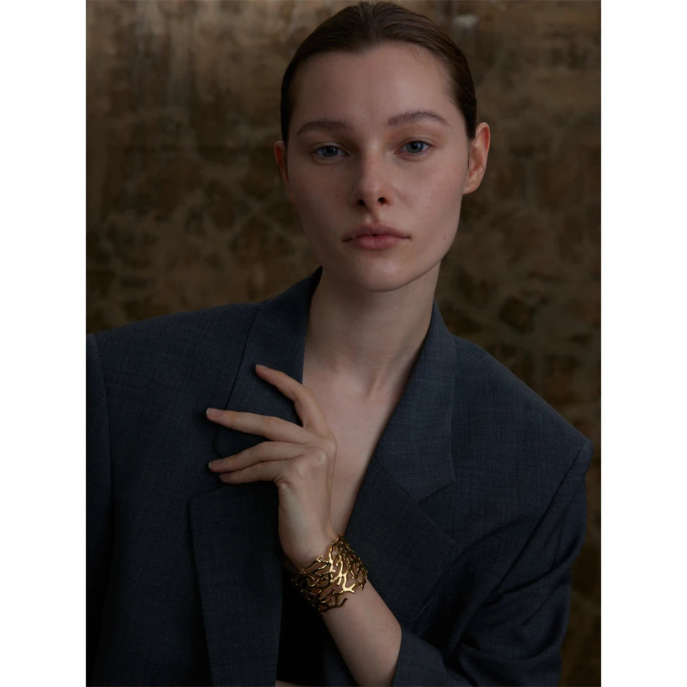 Statement Stainless Steel Twig Geometric Hollow Wide Cuff Big Bracelet Bangle for Women Waterproof Large Jewelry