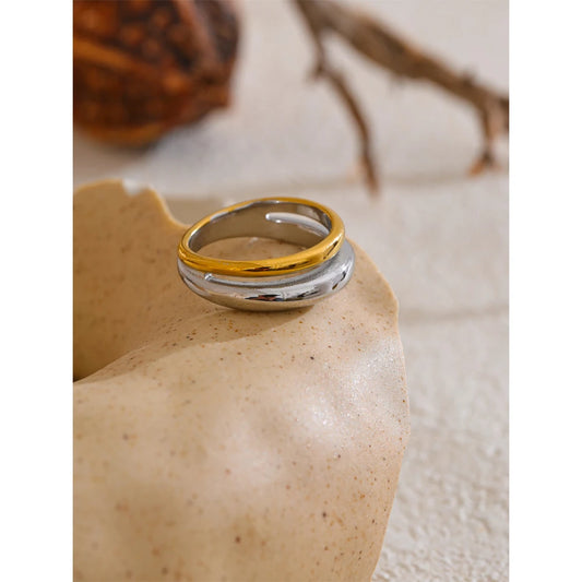 6789# Statement Stainless Steel Metal Double Color Geometric Casting Ring for Women Water Resistant Trendy Jewelry Gift