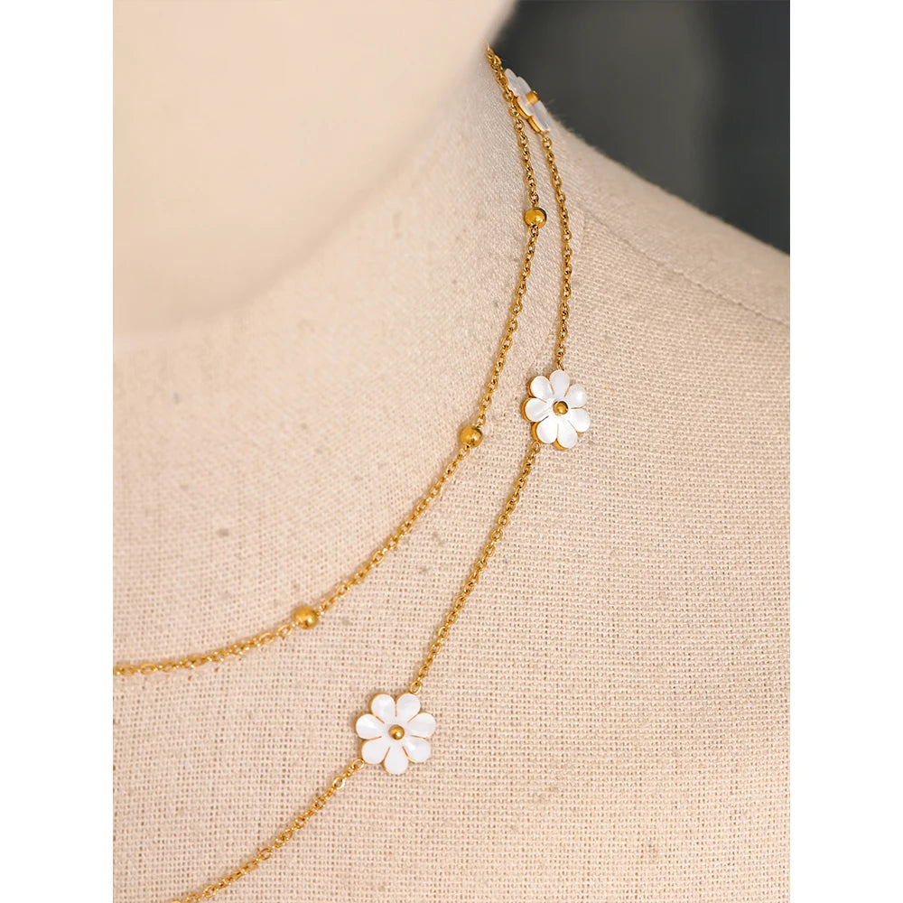 Summer Imitation Shell Flower Double Layer Chain Necklace Anklet for Women Trendy Plant Charm Jewelry Bijoux Gift