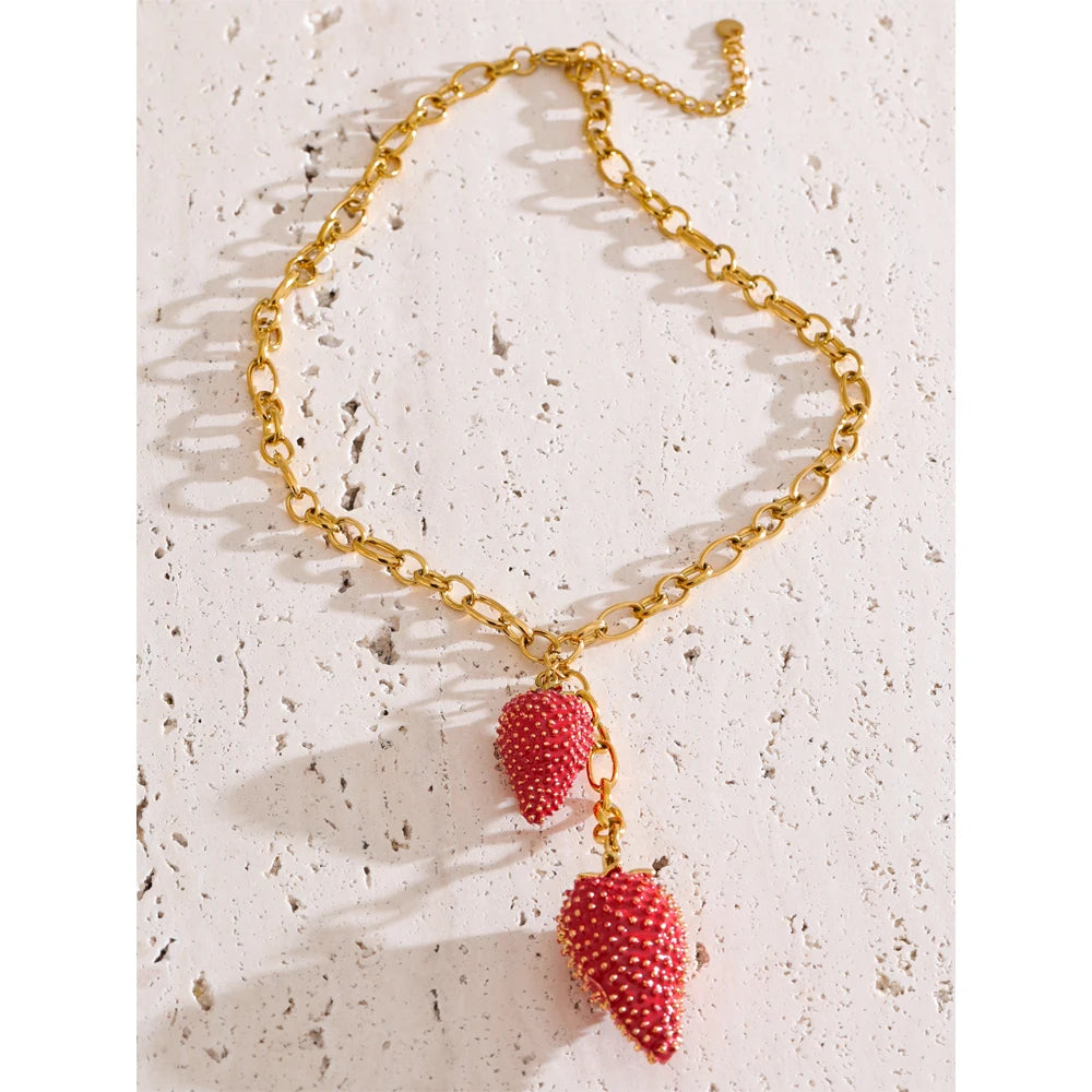 Waterproof Sweet Red Lovey Strawberry Charms Pendant Necklace for Women Stainless Steel New Arrivals Trend Jewelry 2025