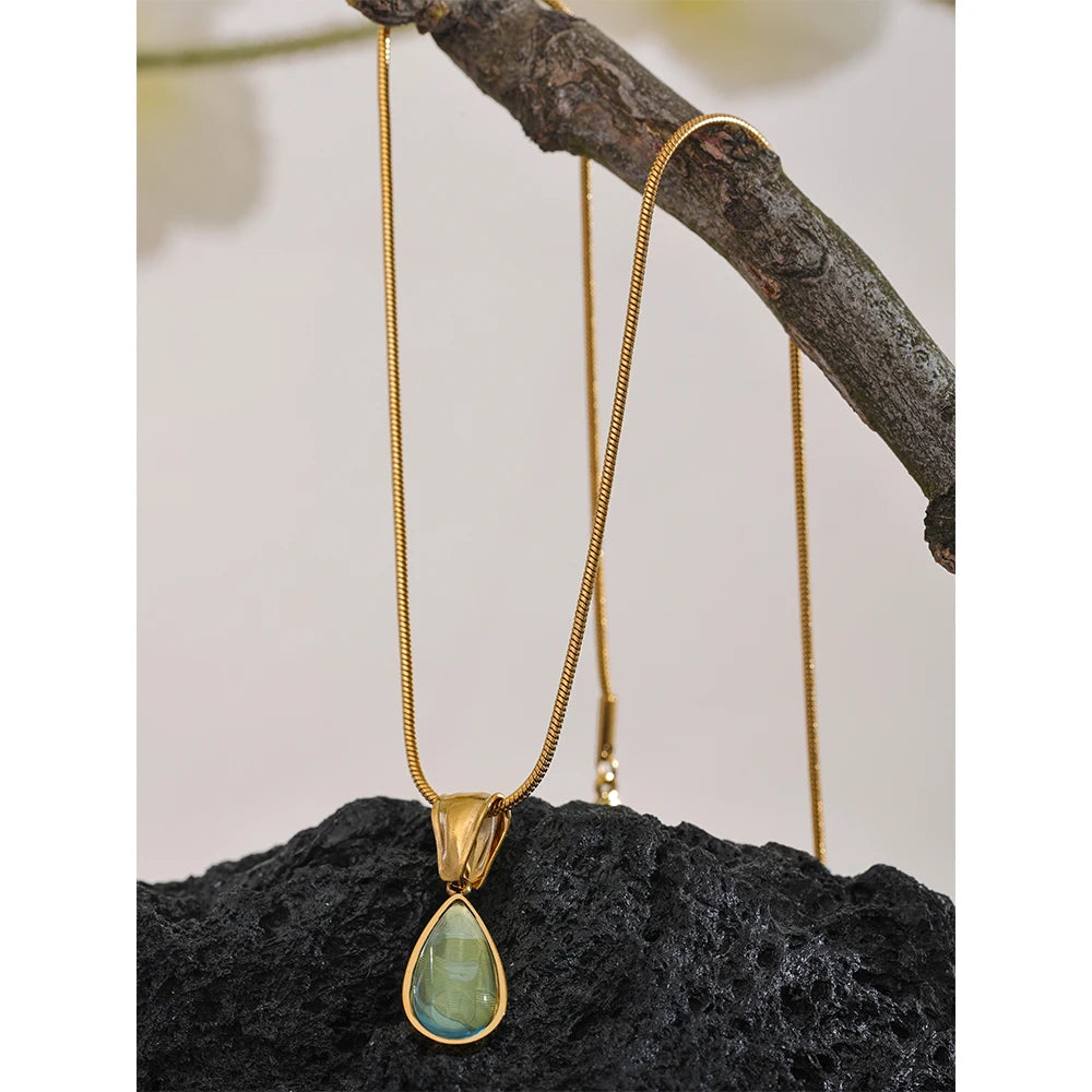 Stylish Green Glass Crystal Water Drop Pendant Necklace for Women 316l Stainless Steel Cast Gold Color Fashion Jewelry New