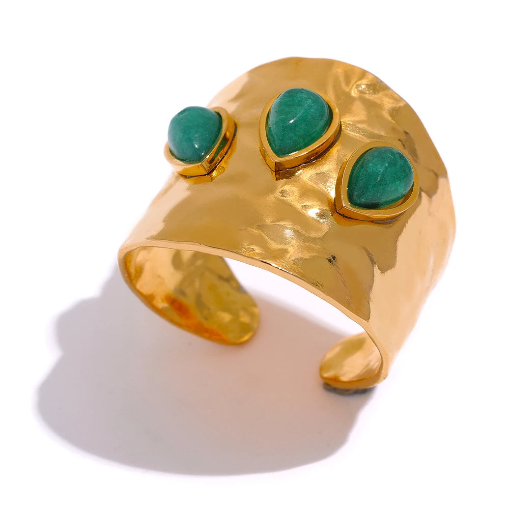 Green Natural Stone Stainless Steel 18k Gold Plated Metal Fashion Wide Ring Charm Texture Waterproof Jewelry for Women