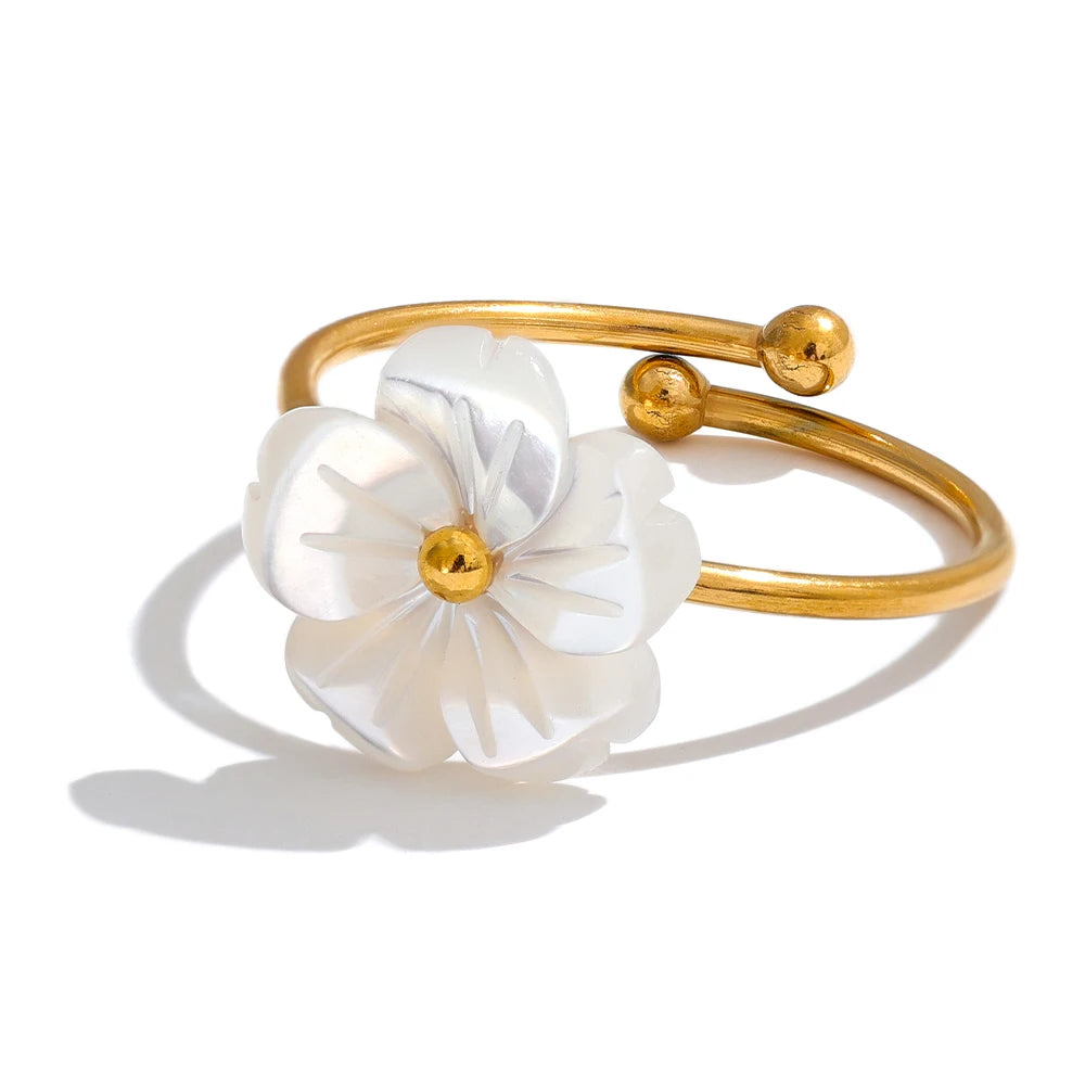 Fashion Natural Shell Flower Adjustable Open Ring Sweet Stainless Steel 18K PVD Plated Summer Daily Jewelry Gift