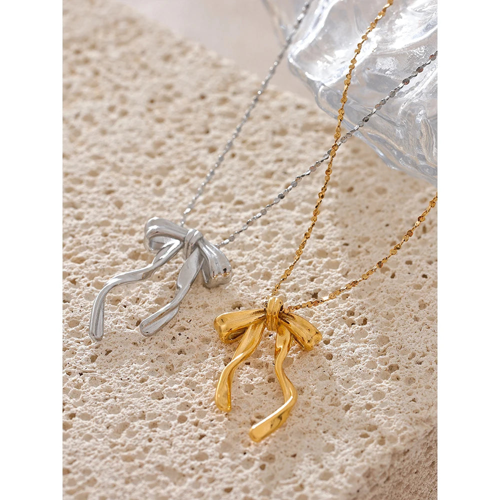 316L Stainless Steel Bow Knot Necklace Pendant 18K Gold & Platinum PVD Plated Metal Charm Fashion Trendy Jewelry