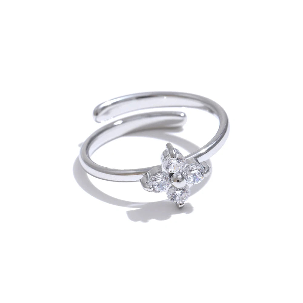 Exquisite Stainless Steel Bling Cubic Zirconia Flower Adjustable Ring for Women Fashion Shiny Finger Jewelry New