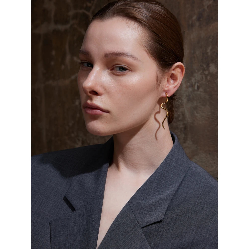 Minimalist Flowing Metal Geometric Long Stud Earrings Prevent Allergy Stainless Steel Statement Attractive Daily Jewelry